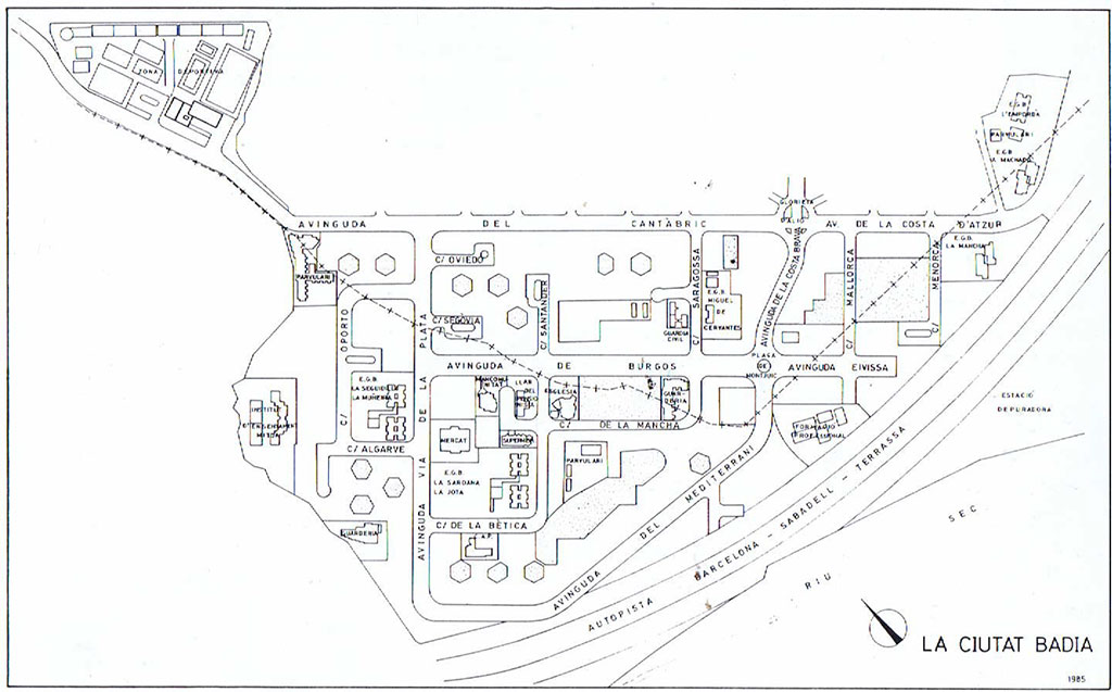 Plano Ciutat Badia 1985 con servicios educativos